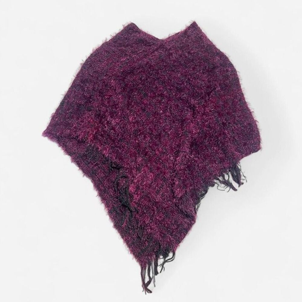 fuzzy plum-color chenille poncho with a fringe hem one size